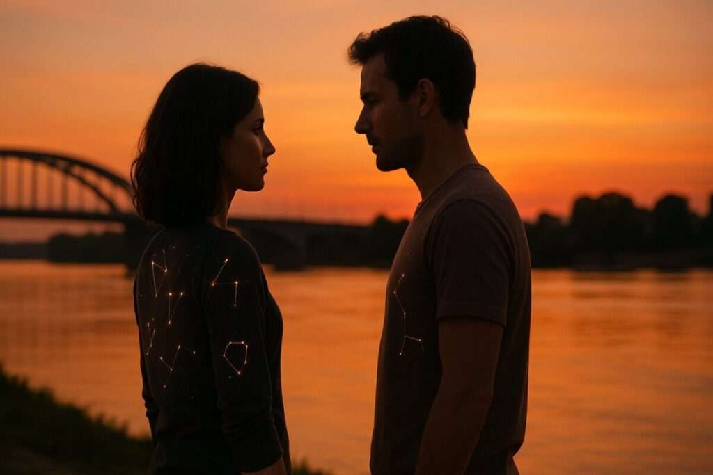 Couple standing by a river at sunset with glowing zodiac symbols on their backs