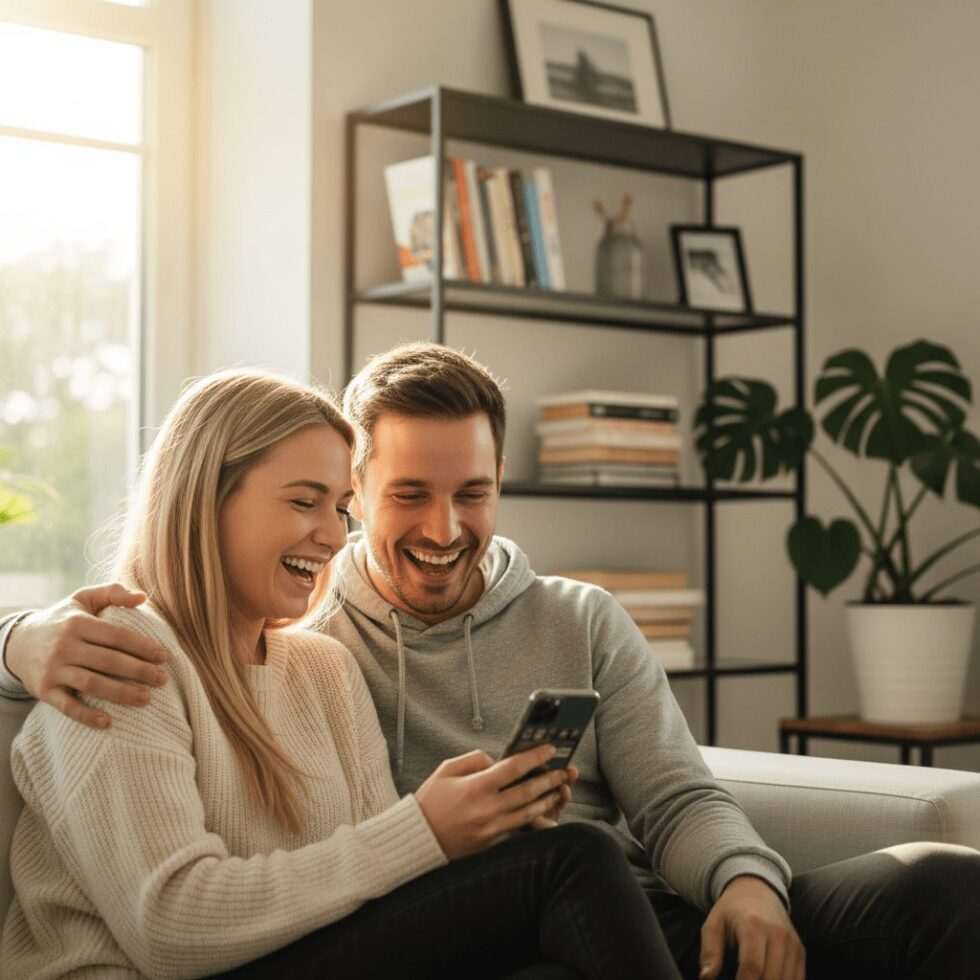 happy couple using dating app together looking at compatibility matches
