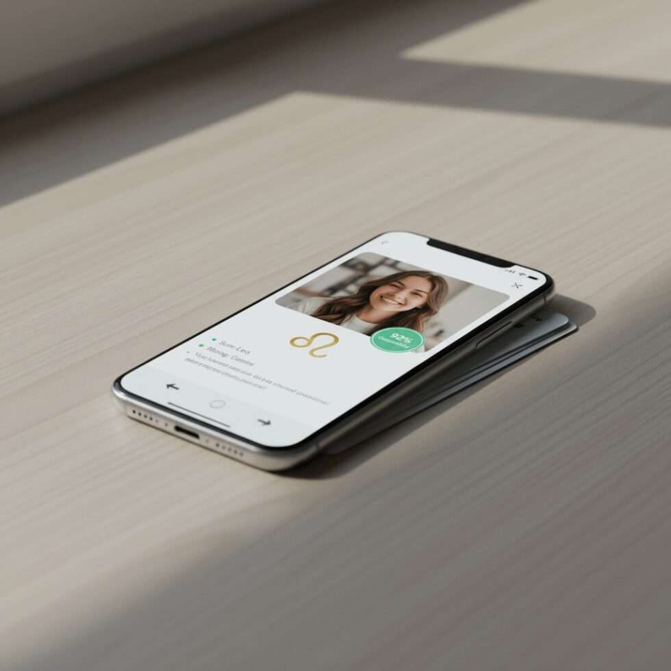 smartphone displaying dating app with zodiac compatibility features and astrological matching