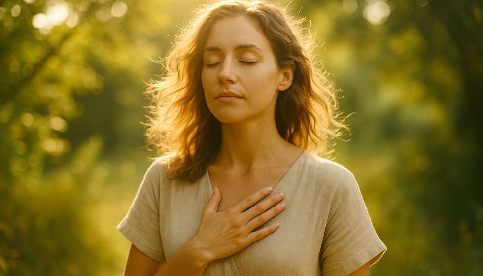 Main posée sur le cœur dans un cadre naturel, évoquant la reconnaissance d’un ressenti intuitif profond. 