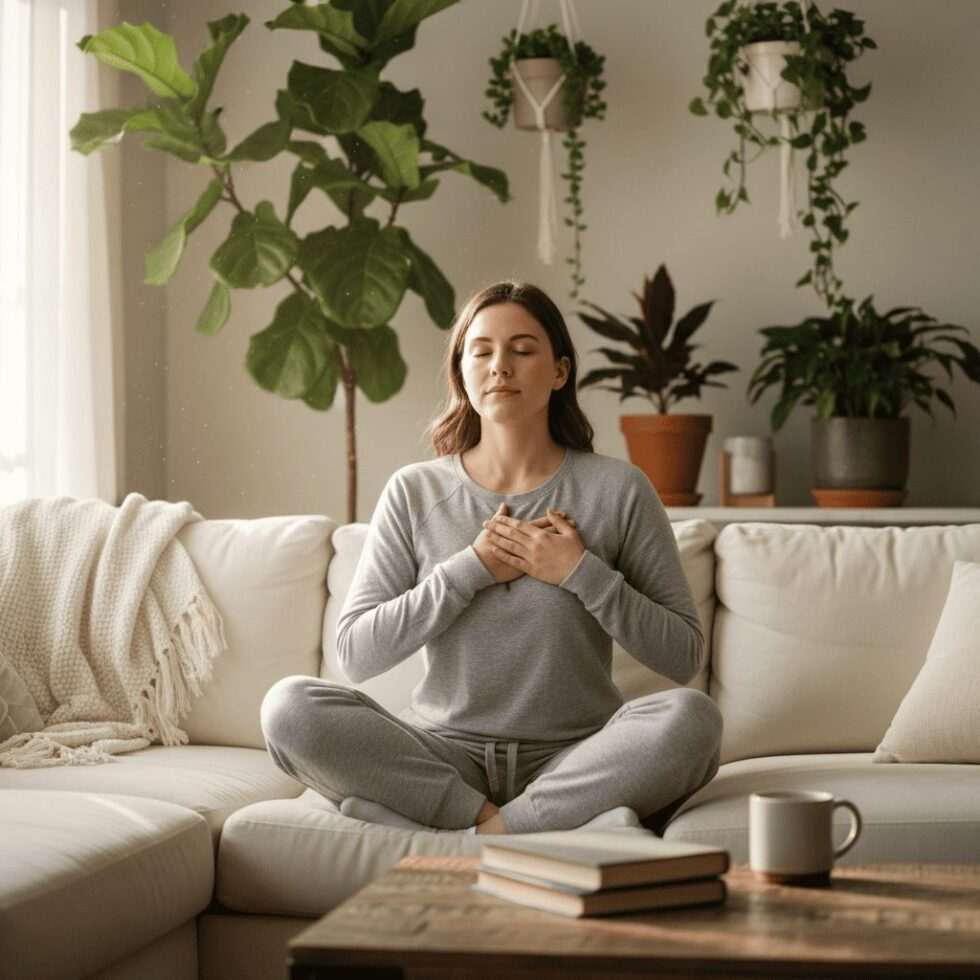 Woman sitting on couch with hands on chest practicing deep breathing exercises surrounded by plants for emotional self-care after tarot reading