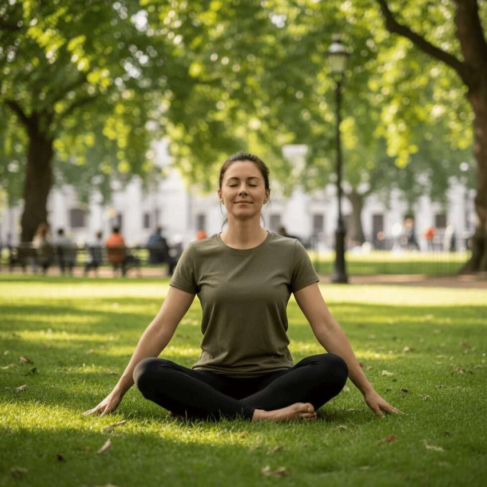 Woman sitting cross-legged on grass in park meditating with eyes closed for emotional self-care and grounding after difficult tarot reading