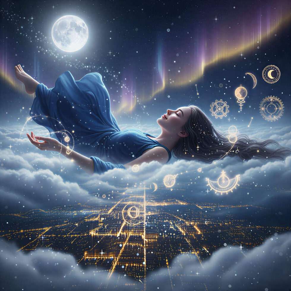 A person flying over a sparkling city at night, demonstrating the freedom of lucid dreaming.