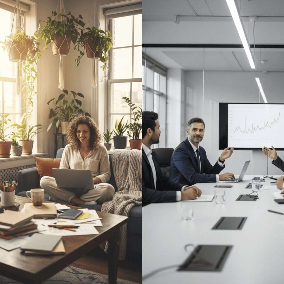 side by side comparison showing freelancer working from home and corporate professional in office representing different zodiac sign career preferences