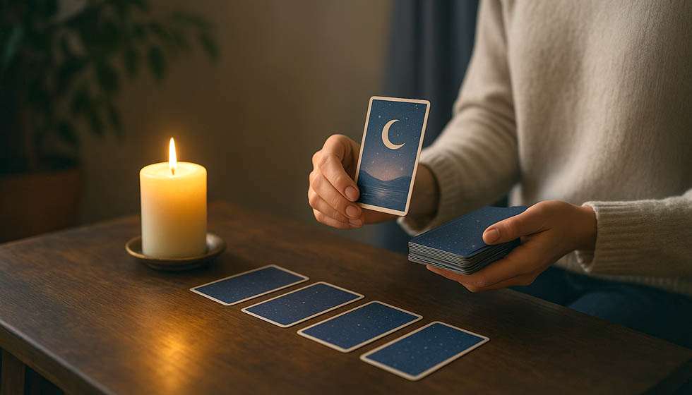 Personne tirant une carte unique dans une ambiance calme et réfléchie 