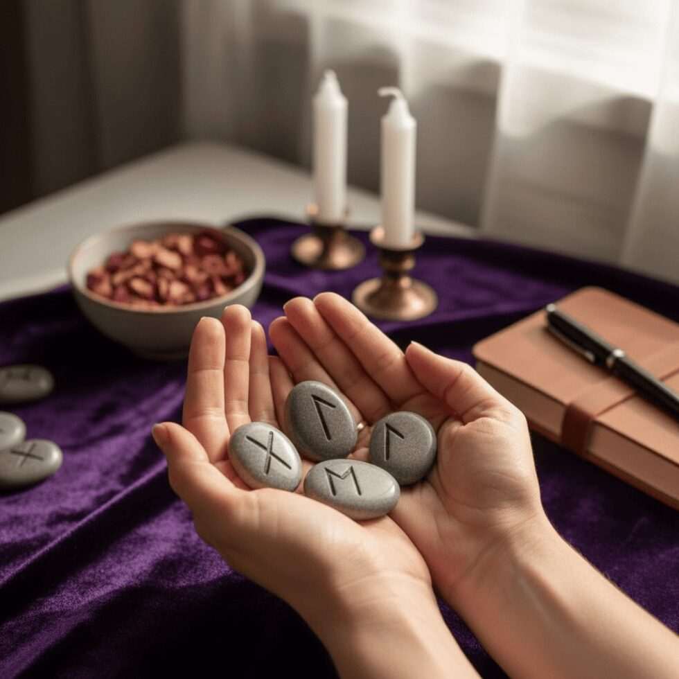 hands holding rune stones for romantic guidance and love divination reading