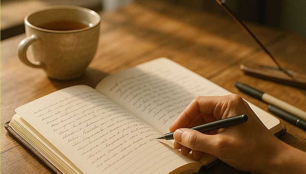 Carnet ouvert avec stylos et encens, utilisé pour écrire ses ressentis intuitifs au quotidien. 