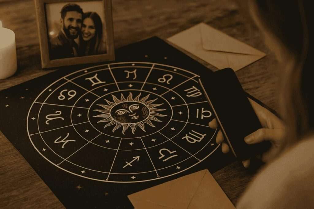 Close-up of a zodiac chart with a glowing sun symbol, a smartphone, and a framed photo of a couple, symbolizing astrology and past relationships