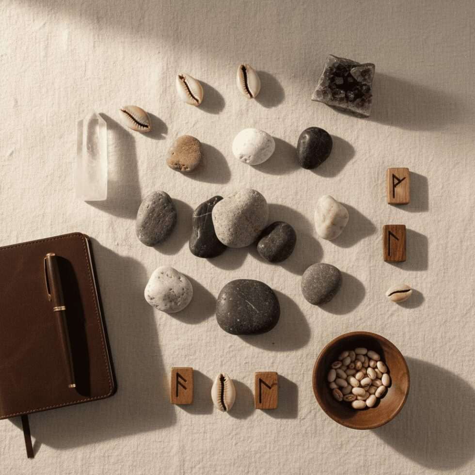hands casting divination stones onto cloth for career clarity ritual