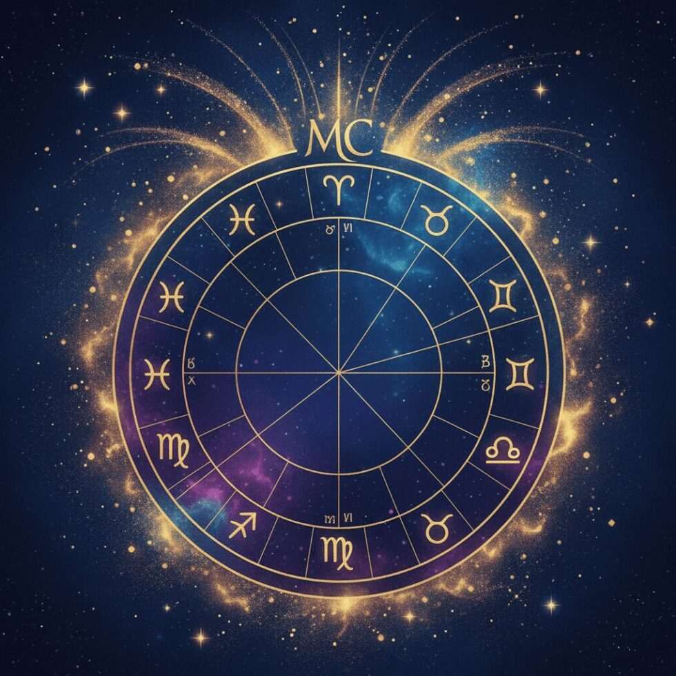 Illustrated birth chart highlighting the Midheaven point for career and life purpose in astrology