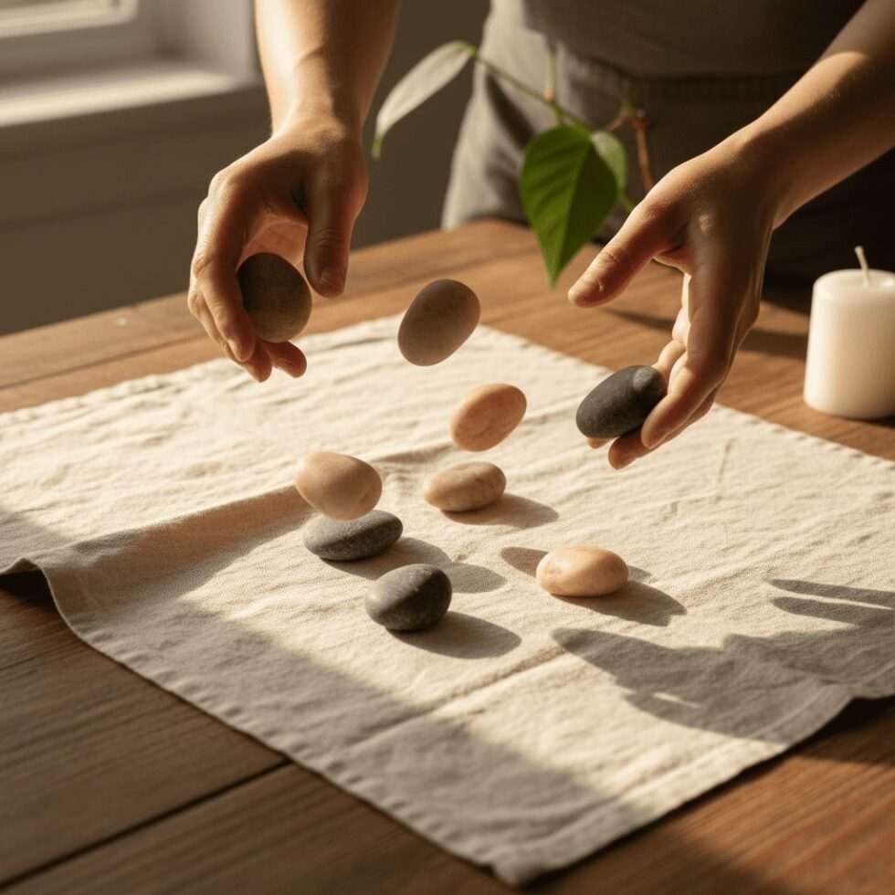 hands casting divination stones onto cloth for career clarity ritual