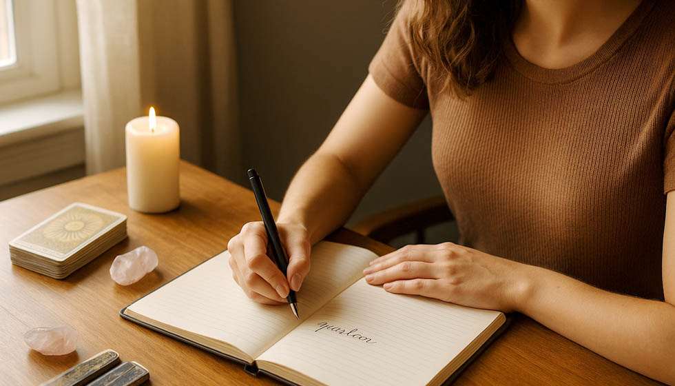 Femme écrivant une question dans un carnet avant de tirer les cartes 