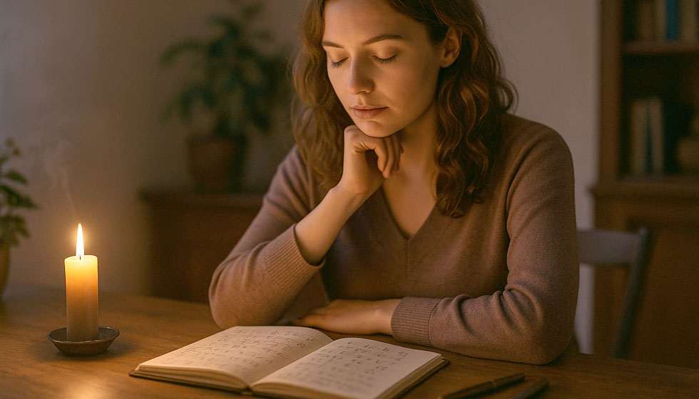 Femme méditant sur son thème numérologique dans une atmosphère calme et tamisée.