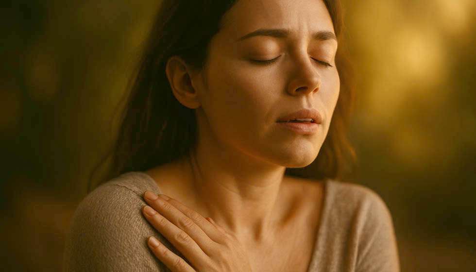 Une personne ressentant un frisson soudain, yeux fermés, baignée dans une lumière douce évoquant l’intuition