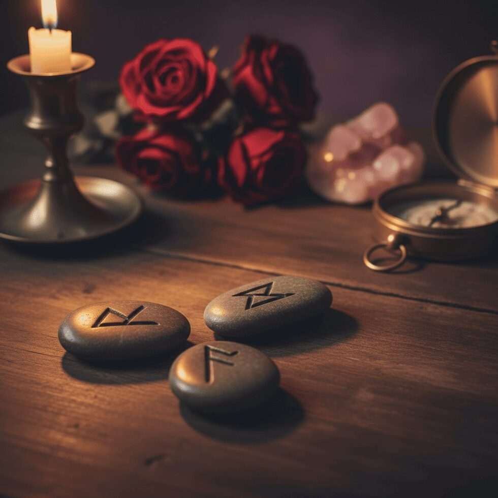 ancient runes stones arranged for love reading to understand romantic future