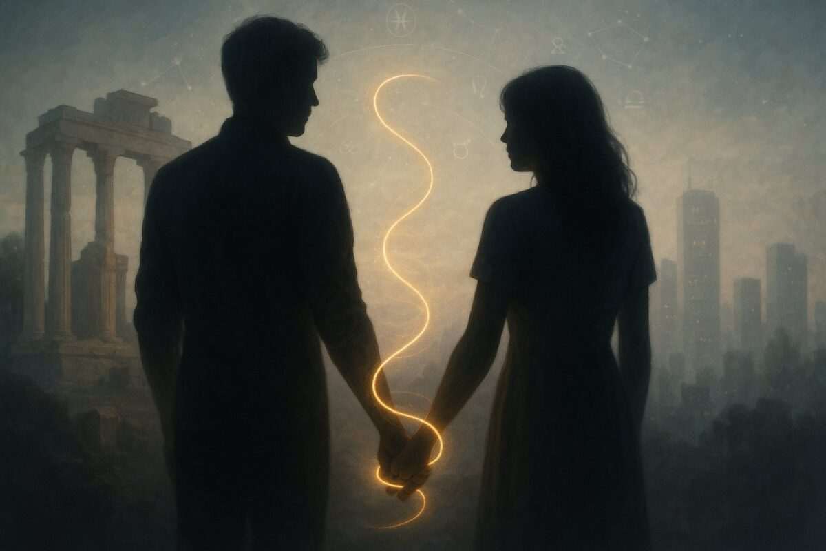 Two silhouetted lovers connected by a glowing golden thread symbolizing a soul tie across ancient and modern lifetimes.