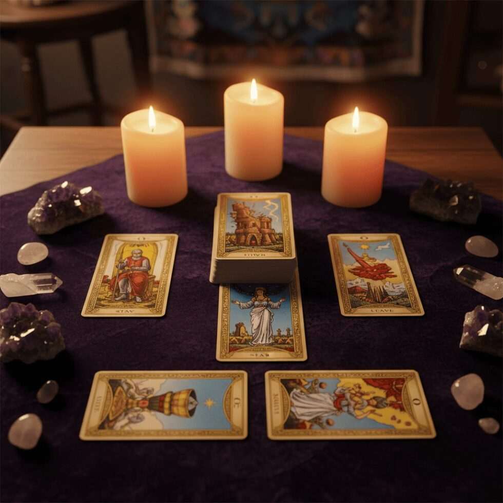 Stay or go tarot spread with six cards showing relationship and career decision guidance