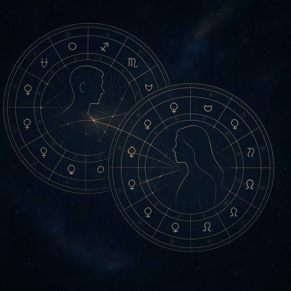 Two interlocking astrological charts featuring a man and a woman connected by glowing planetary lines over a cosmic nebula background.