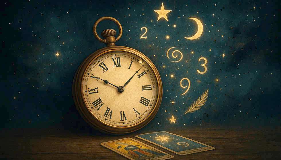 Une montre flottant dans l’espace avec des symboles lumineux qui s’en échappent, sur fond étoilé