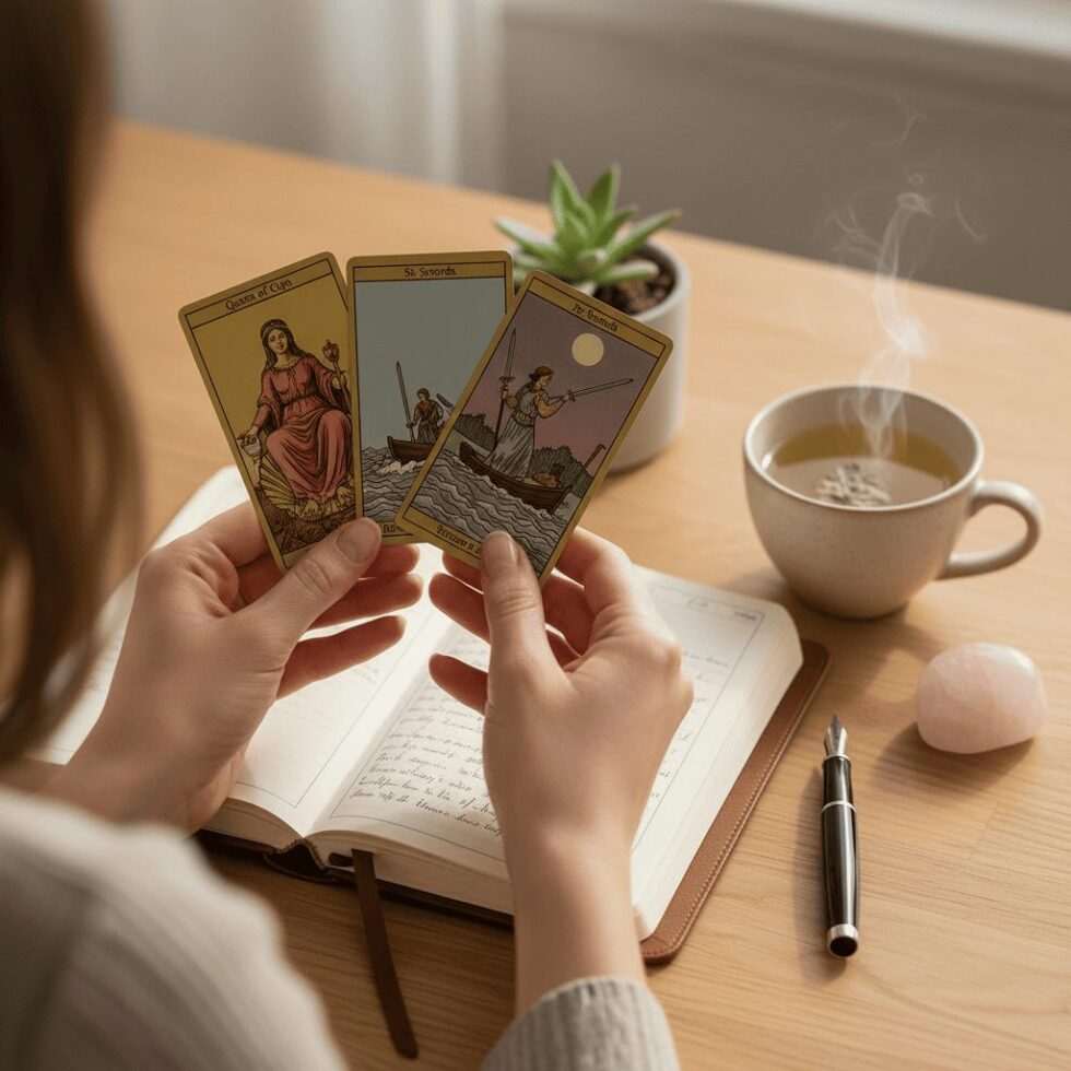 Woman using tarot cards for relationship and work decision guidance with journaling