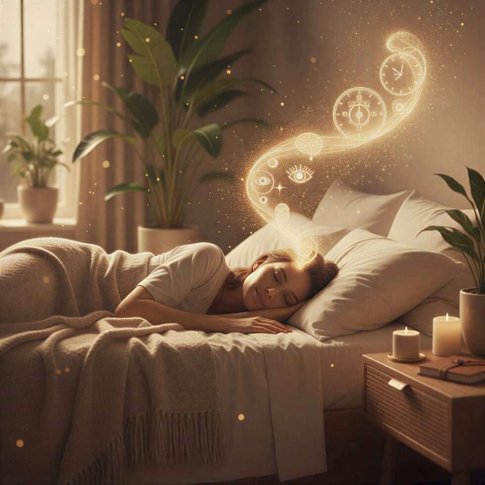 A woman sleeping peacefully as a golden ethereal light signifies lucid dreaming awareness.
