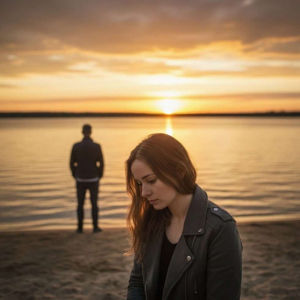 A couple on a lakeshore at sunset, symbolizing emotional distance and recurring love patterns.
