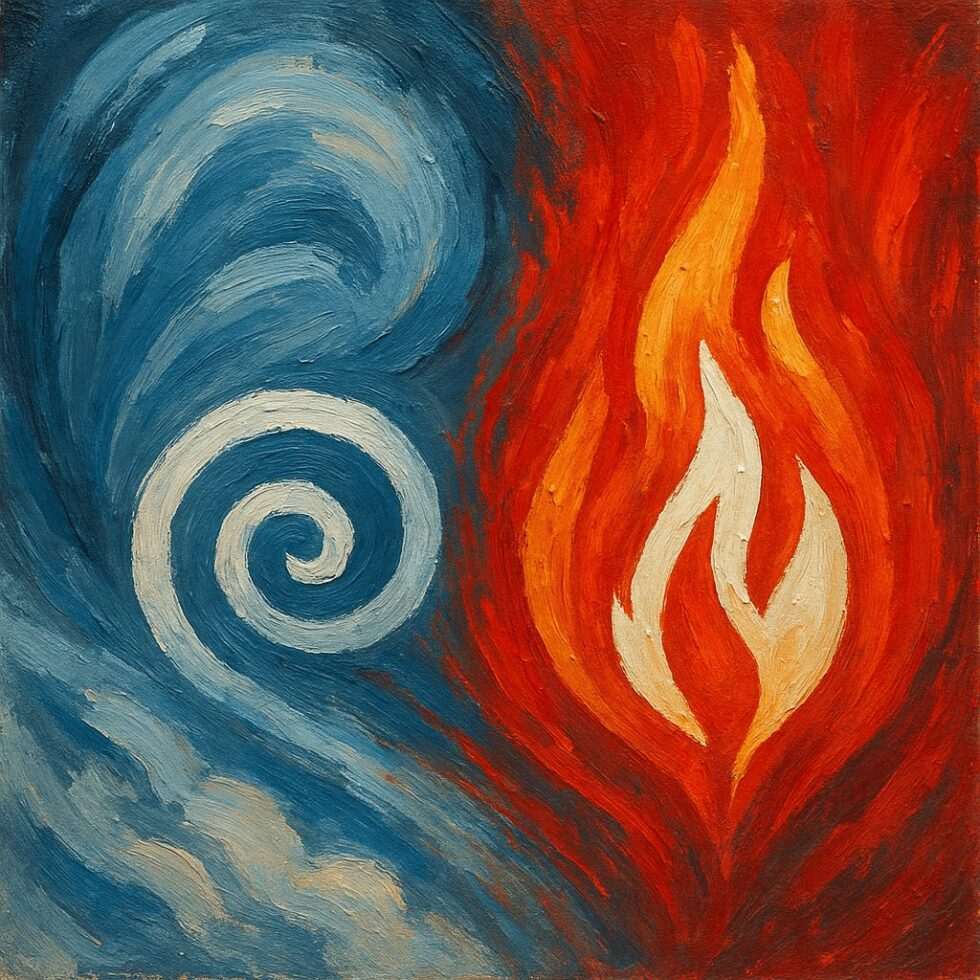 Abstract art showing air and fire elements symbolizing zodiac signs that need freedom in commitment.