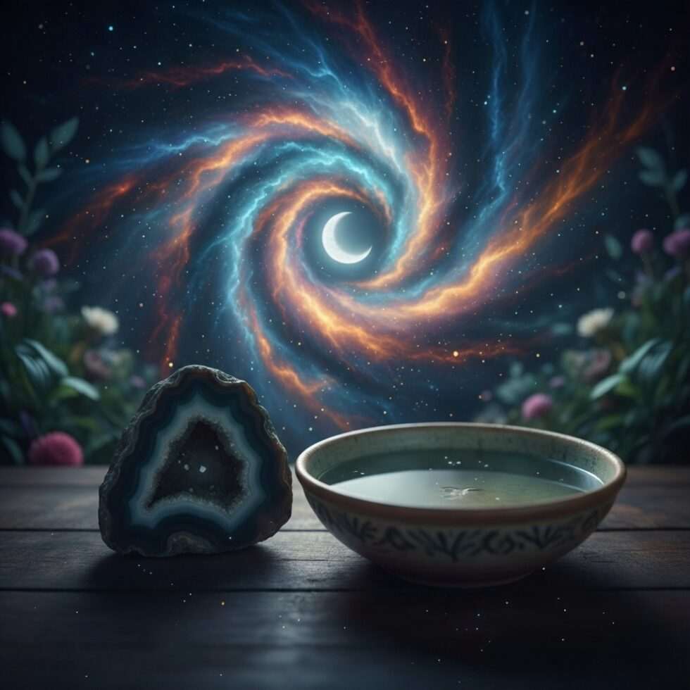 Serene image of crystals and water with celestial motifs, symbolizing Earth and Water signs' need for stability.