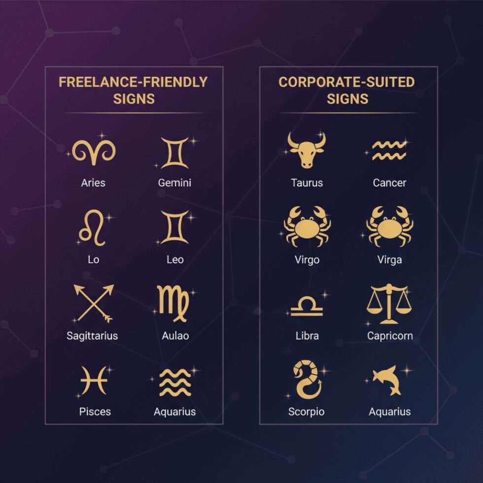 side by side comparison showing freelancer working from home and corporate professional in office representing different zodiac sign career preferences