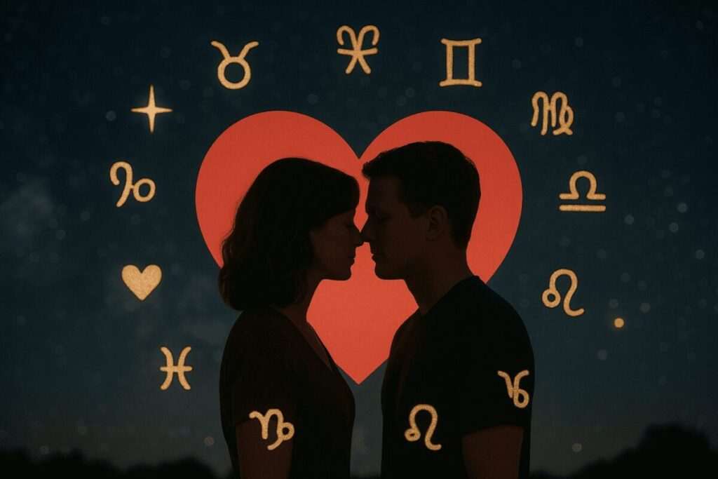 Romantic couple facing each other under a starry sky, surrounded by glowing zodiac symbols and a red heart representing astrological love languages.