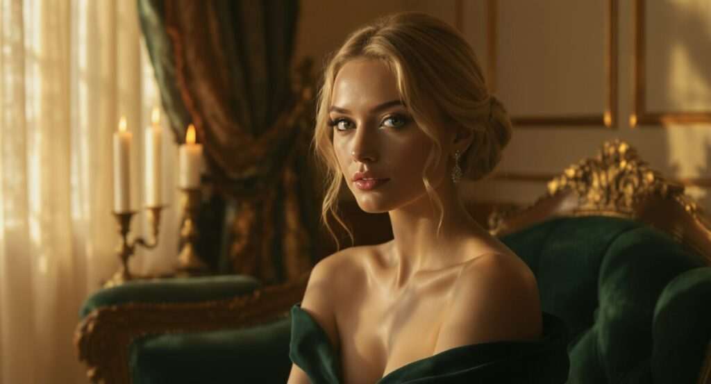 Cinematic portrait of a woman embodying spiritual seduction and inner resonance with golden hour light.