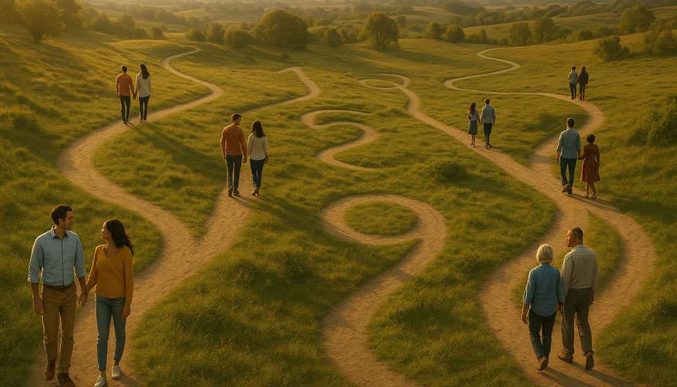 Vue aérienne de plusieurs couples marchant sur des sentiers formant des chiffres, symbolisant les différents chemins de vie en amour.