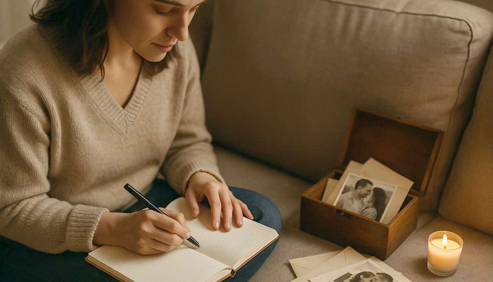 Personne assise avec un carnet sur les genoux, écrivant pour clore d’anciennes histoires d’amour, lettres et photos rangées dans une boîte à côté.