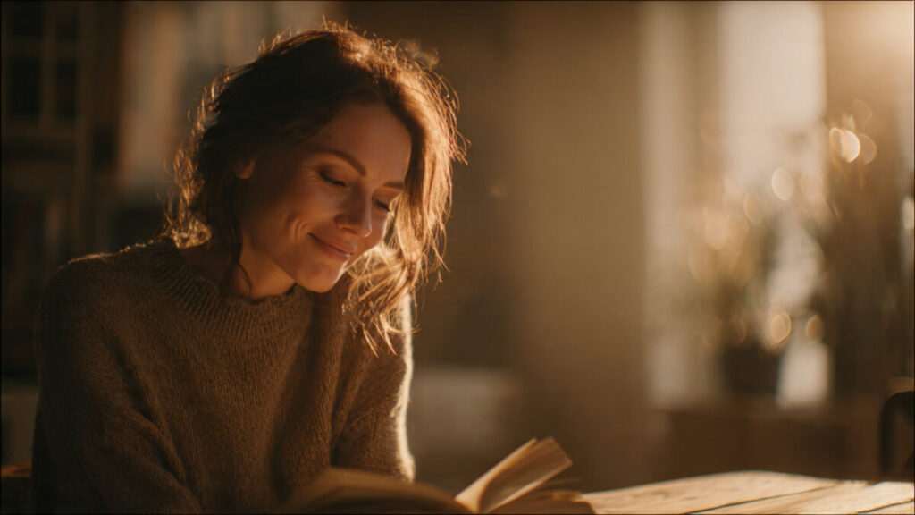 A woman in a sweater smiles serenely while reading a book in golden light, representing the spiritual sign of inner peace before meeting a soulmate.