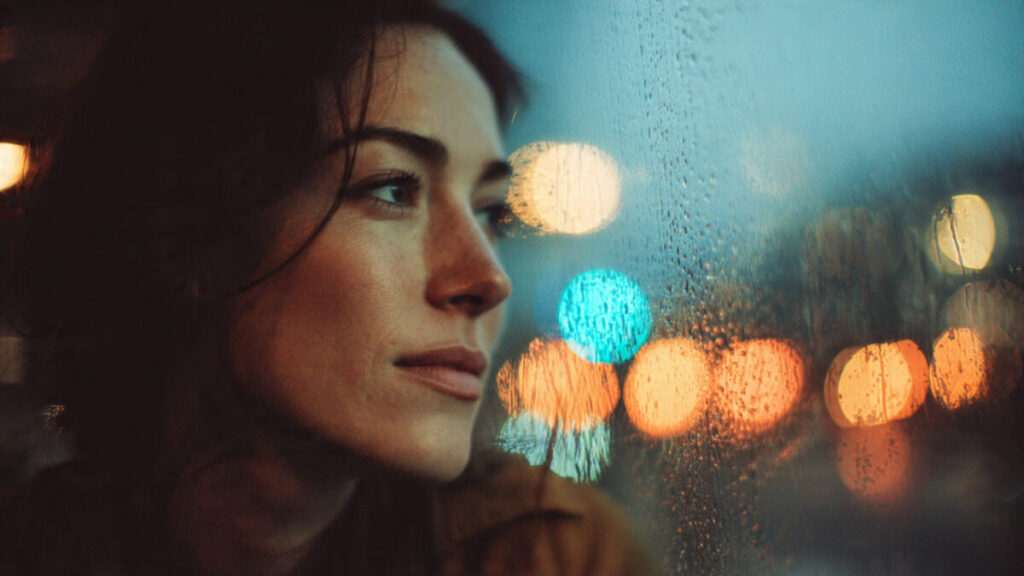 A pensive woman looking out a rainy window at twilight with city lights blurring in the background, symbolizing the search for answers through psychic readings for heartbreak.