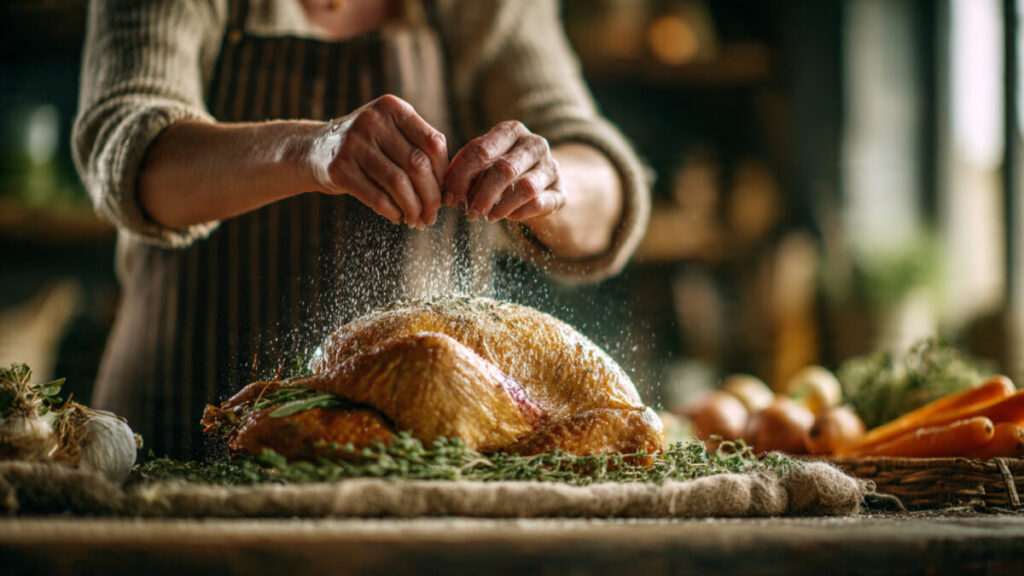 A close-up of a woman's hands practicing kitchen witchery, sprinkling fresh herbs on a turkey for a spiritual Thanksgiving.