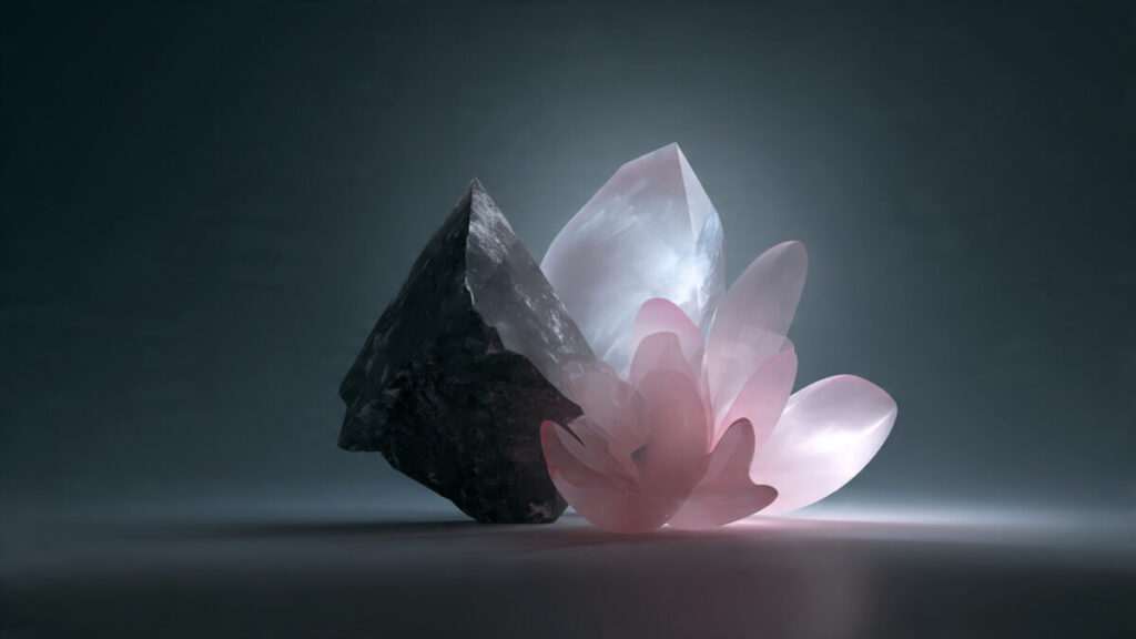 An abstract digital art piece showing a dark obsidian-like rock, a glowing white quartz crystal, and a soft pink petal-like form, representing a love triangle in synastry.