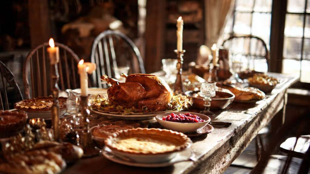 A warm, inviting Thanksgiving table filled with abundant food, glowing with candlelight and symbolizing a spiritual Thanksgiving harvest.