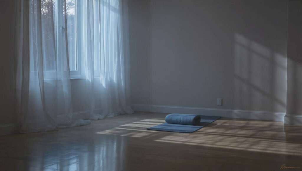 A quiet, empty room with a yoga mat on the floor, symbolizing the sacred space created for a daily spiritual practice.