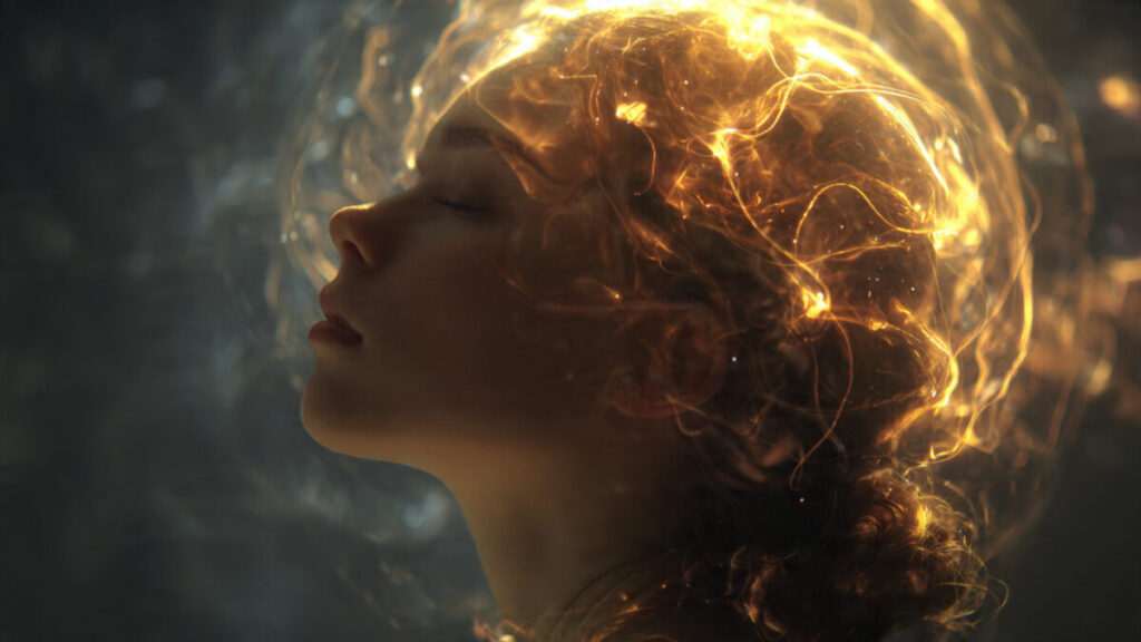 A woman with glowing, ethereal light around her head, representing a serene mind and spiritual awakening.