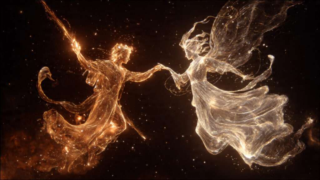 The mythic archetypes of Mars and Venus shown as divine, ethereal figures dancing in a celestial sky, representing the Mars and Venus love style.
