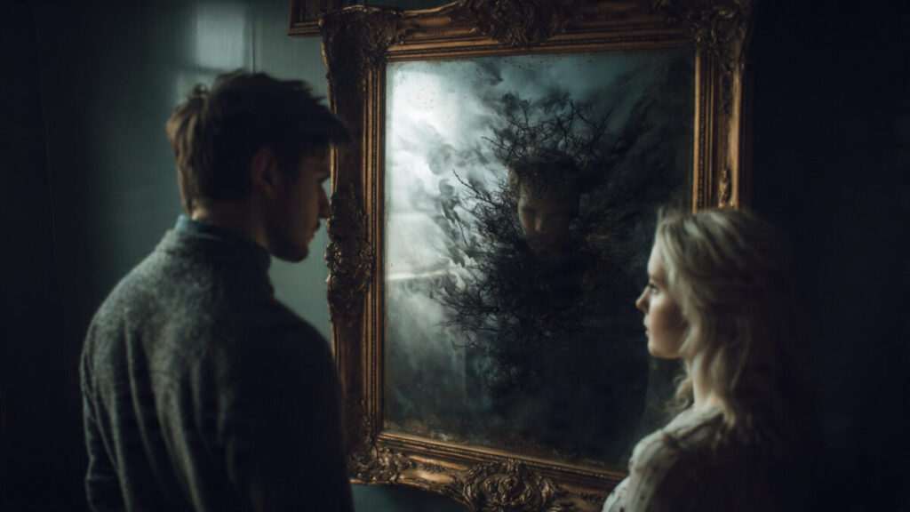 A man and woman look into an antique mirror that reflects a dark mass of smoke and thorny branches instead of their reflections, symbolizing the hidden truth of a toxic aura in a relationship.