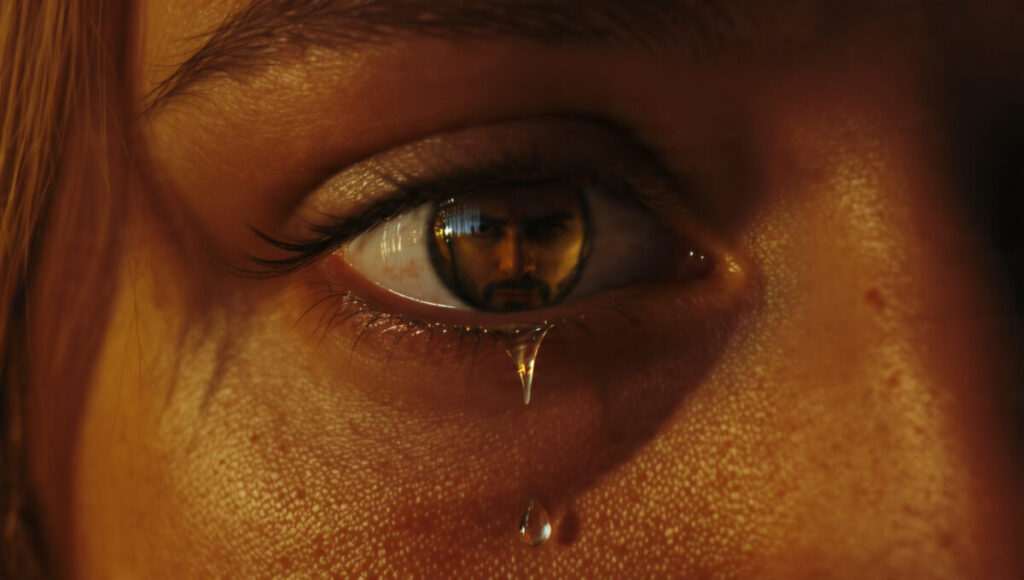 A cinematic macro shot of a woman's eye with a tear, reflecting a man's face, symbolizing the Chiron wound in relationship synastry.