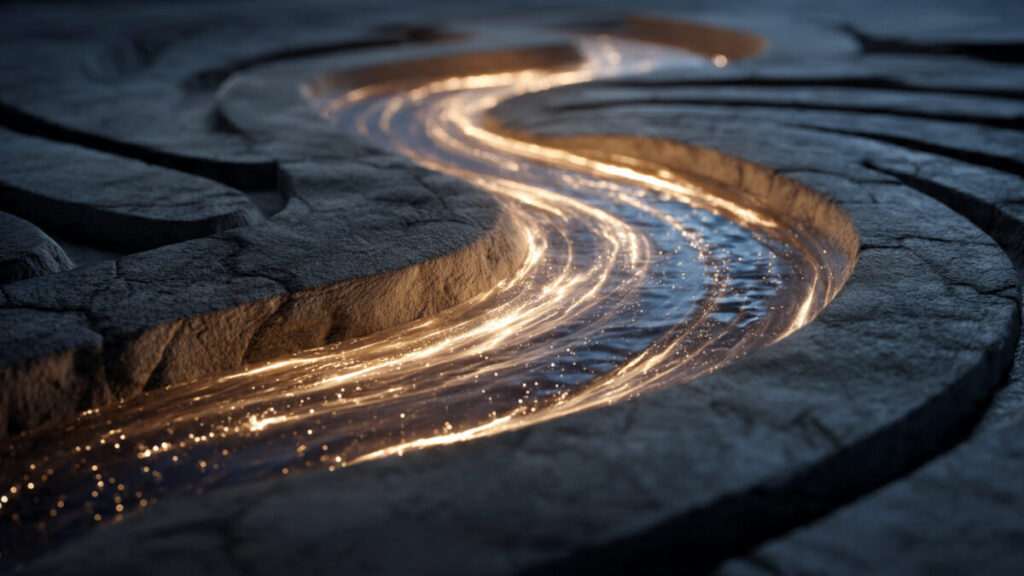 A striking image of a glowing river of water flowing through a textured, dark stone riverbed, symbolizing spiritual discipline guiding intuition.