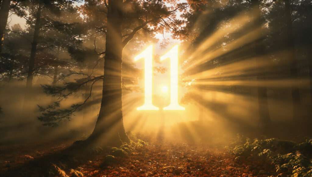 A cinematic image explicitly showing "11" in a natural setting, symbolizing a moment of spiritual awakening and universal synchronicity.