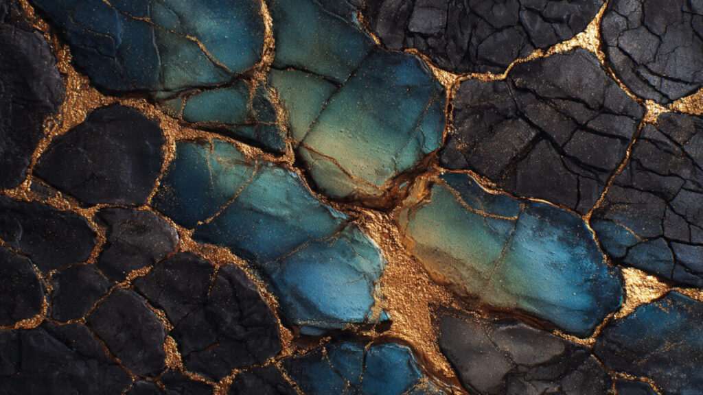 Abstract art inspired by kintsugi, with shimmering gold veins filling cracks in dark, textured stone, symbolizing Plutonian transformation.