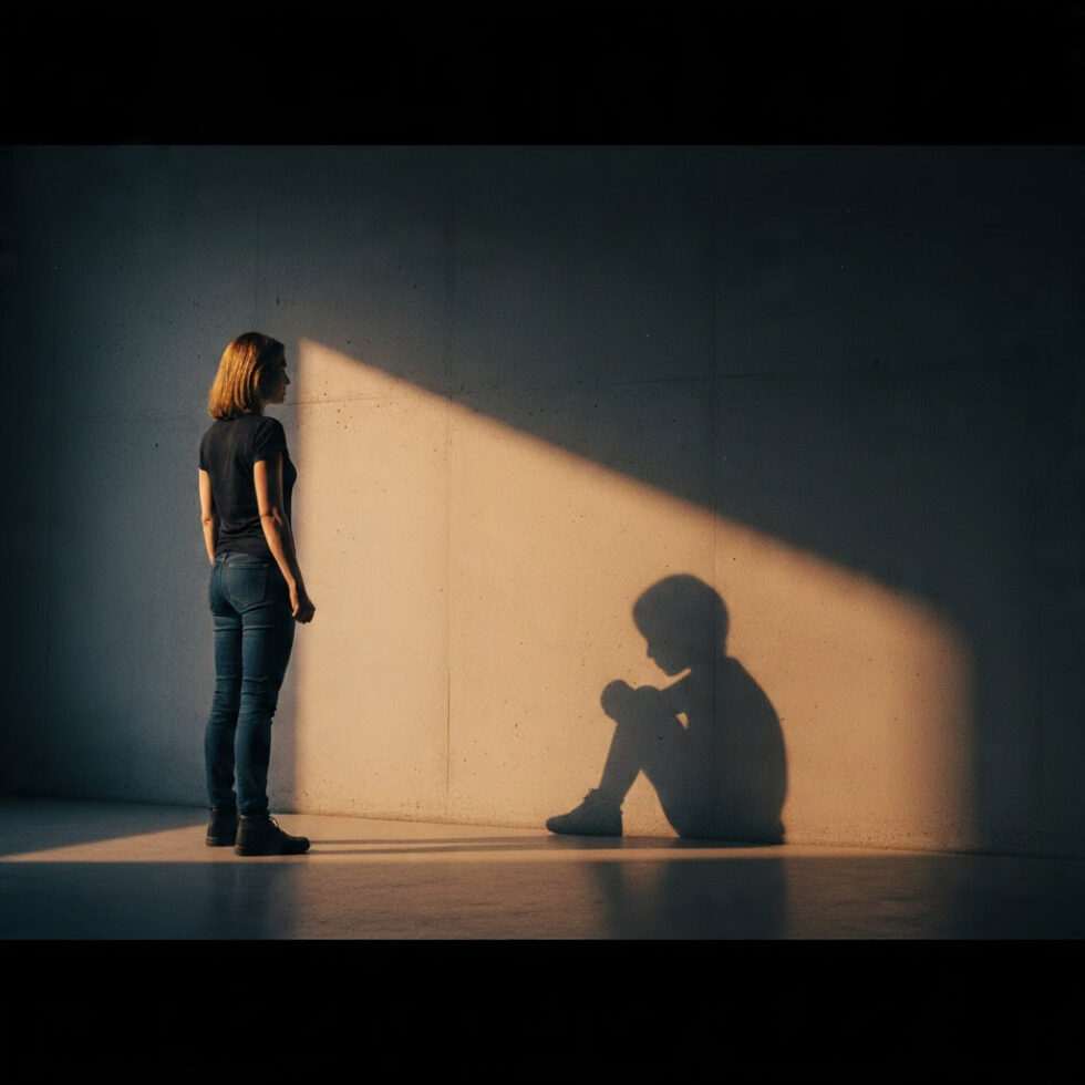 A woman stands next to her shadow, which is cast as a small, vulnerable child, symbolizing how childhood attachment wounds impact adult life.