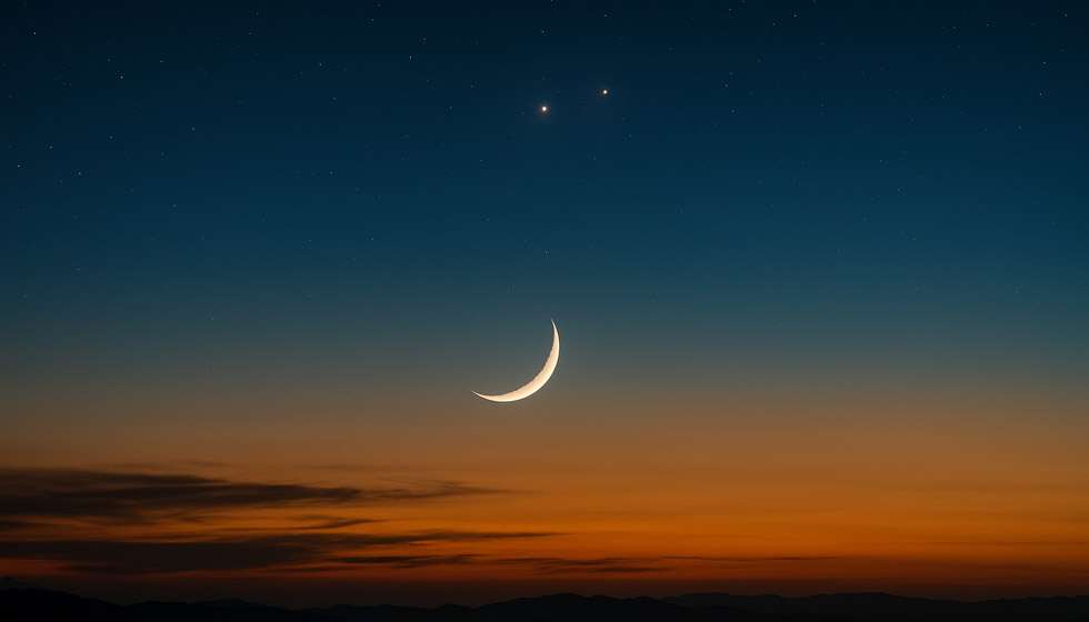 Ciel crépusculaire montrant Vénus, Mars et la Lune alignés, symbolisant l’attraction et l’alchimie instantanée en astrologie