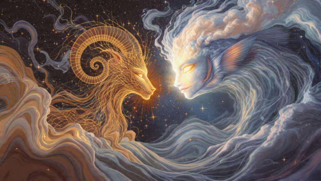 Abstract Art Nouveau art of a fiery Aries Moon sign (a golden ram) and a watery Pisces Moon sign (a blue spirit), representing 'moon sign love compatibility'