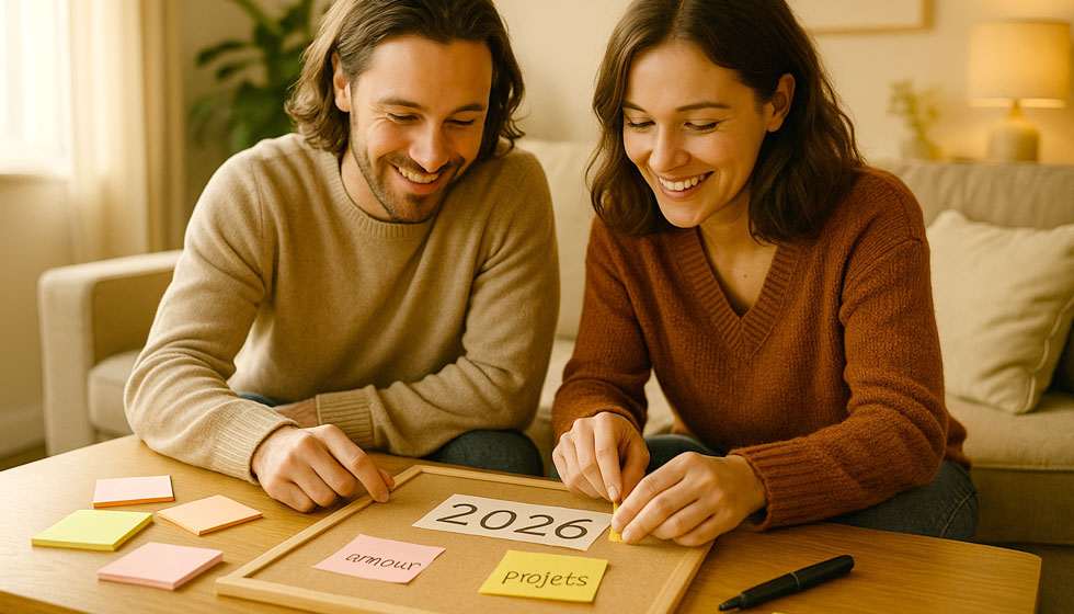 Couple préparant des intentions 2026 en s’inspirant de leur année personnelle.